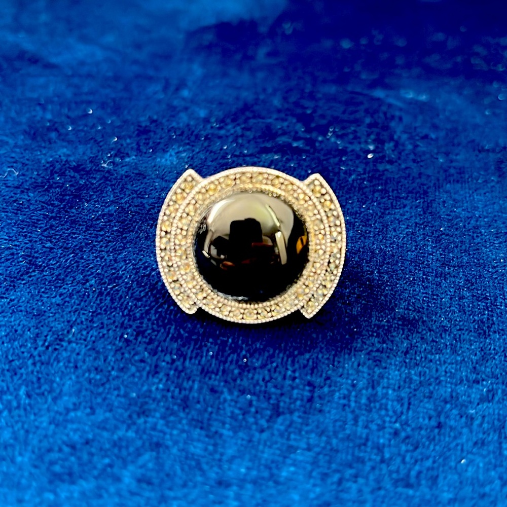 Art Deco Vintage Marcasite Onyx Sterling Silver Ring Flapper Twenties Style
